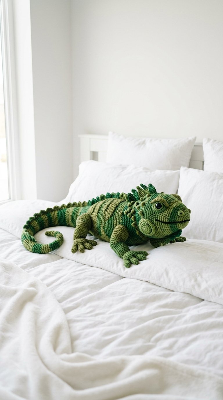Iguana Crochet Pillow On Bed - PDF Pattern