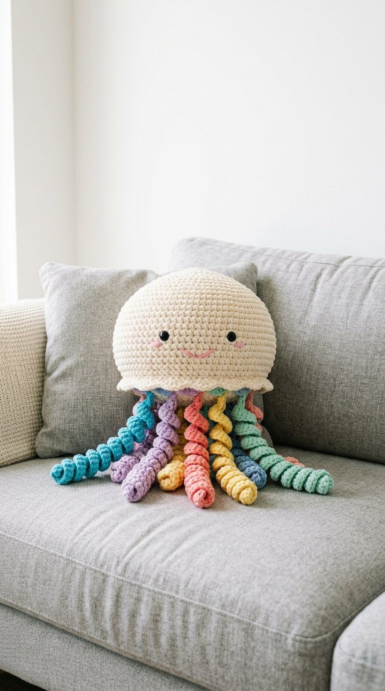 Jellyfish Crochet Pillow On Sofa Crochet Guide