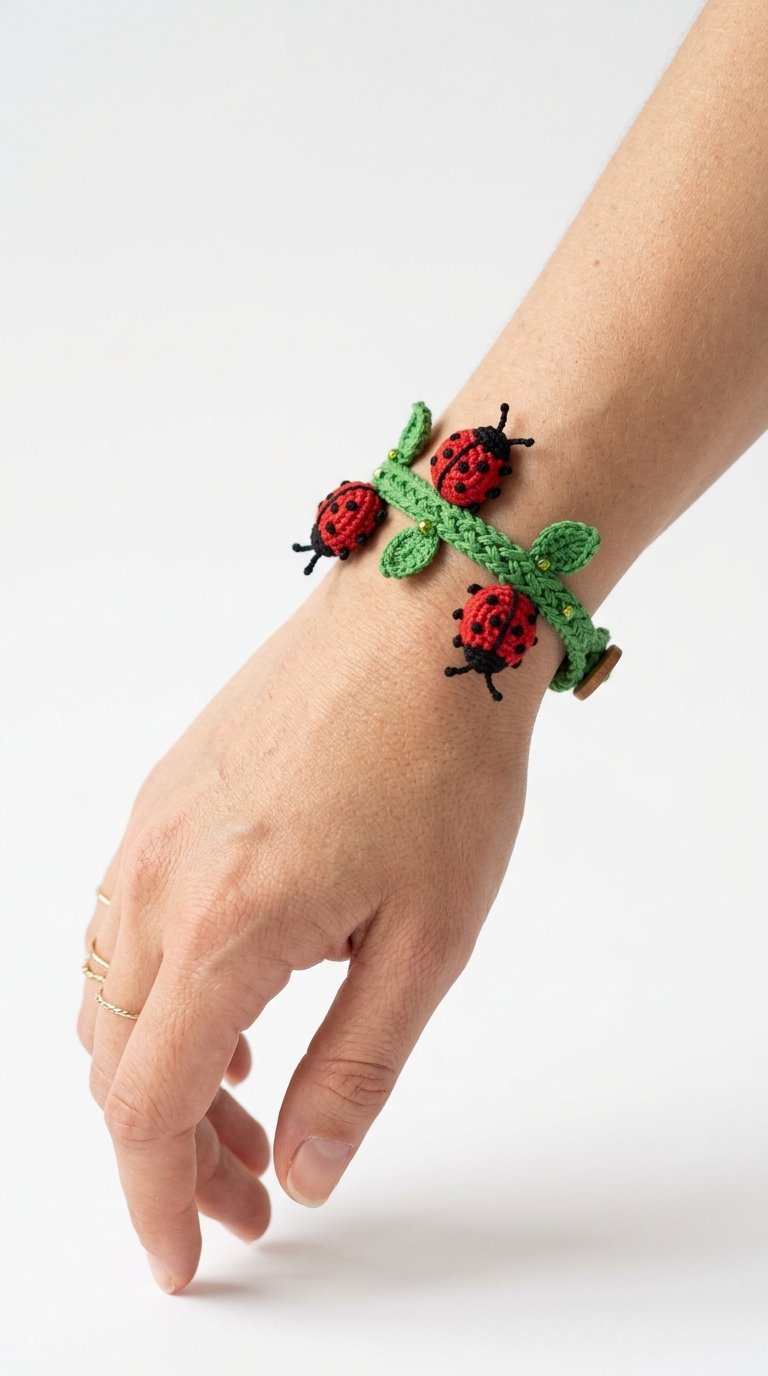 Crochet Ladybug Crochet Bracelet On Wrist - Pattern