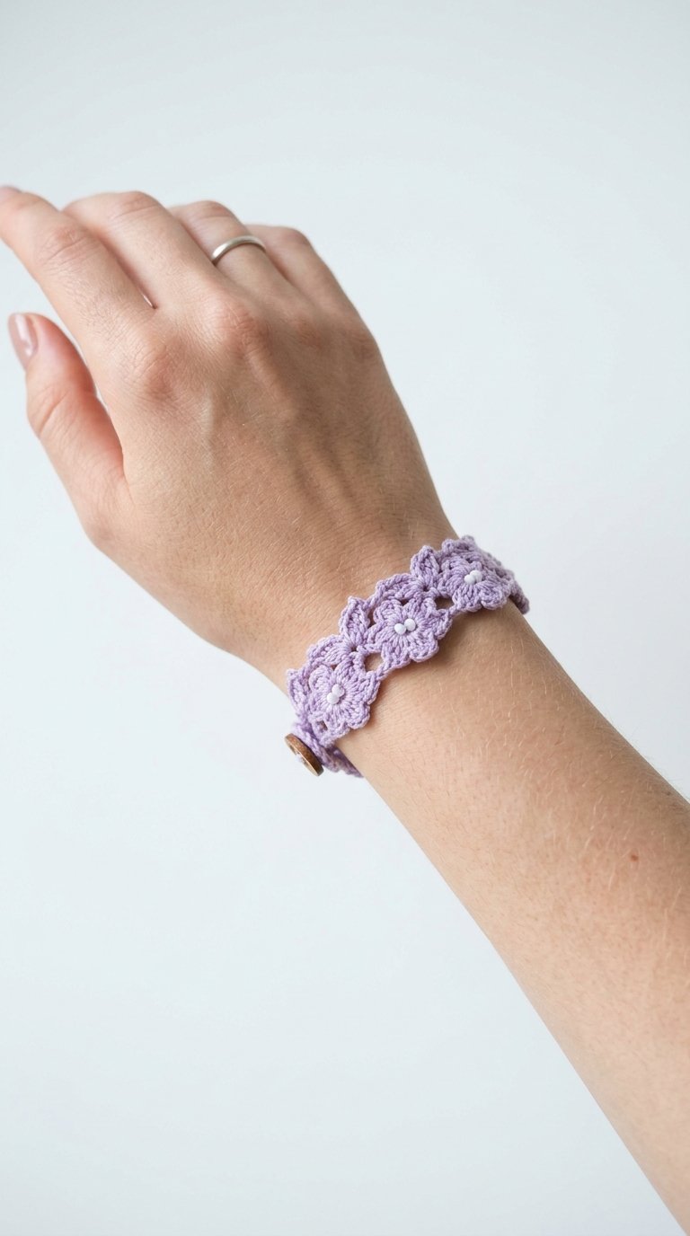 Lavender Crochet Bracelet On Wrist - Step by Step