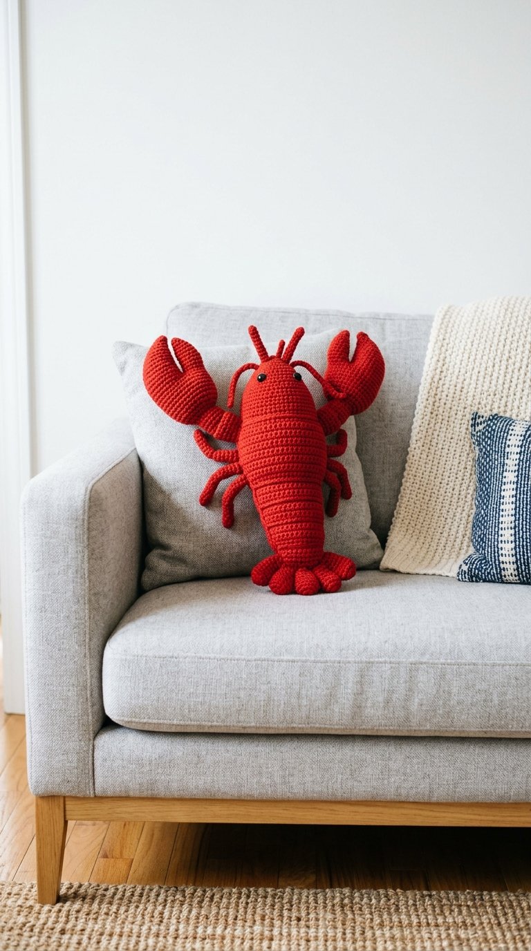 Lobster Crochet Pillow On Sofa - Amigurumi Pattern