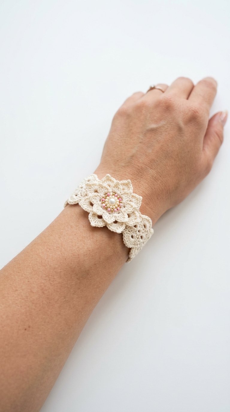 Lotus Crochet Bracelet On Wrist - Handmade Pattern