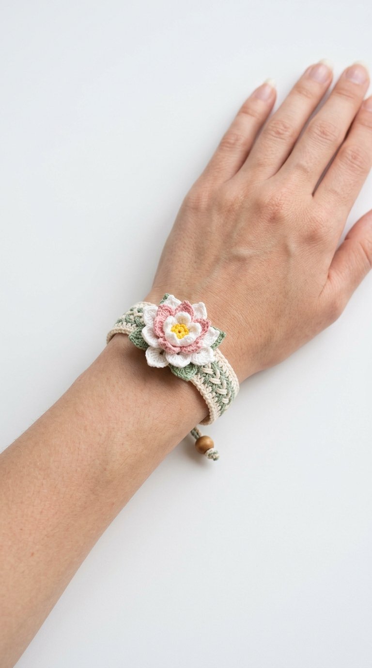 DIY Lotus Crochet Bracelet On Wrist - Crochet Tutorial