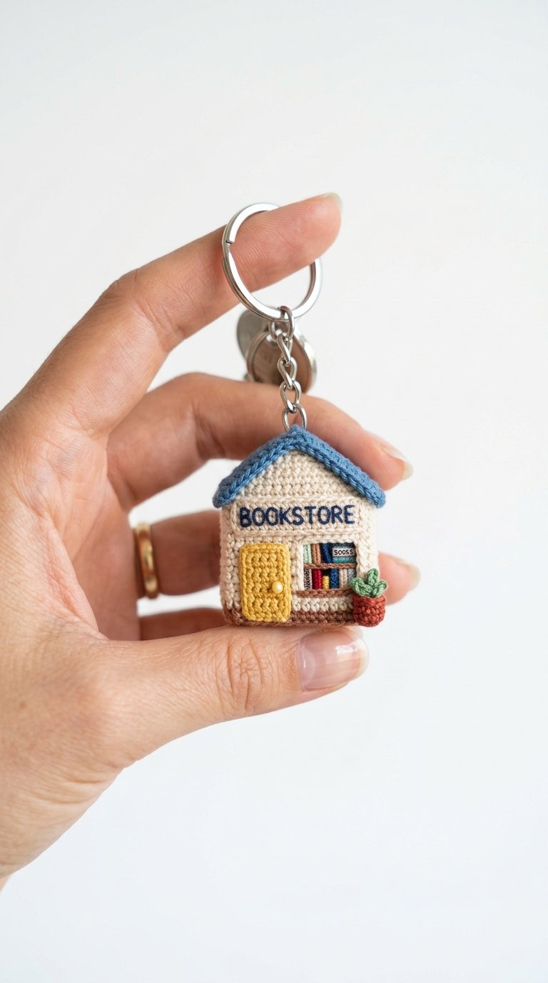 Mini Bookstore Crochet Keychain - Handmade Pattern