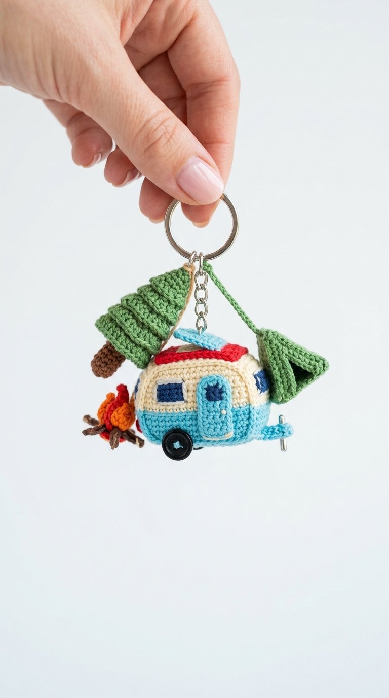 Crochet Mini Camper Keychain In Hand - Pattern