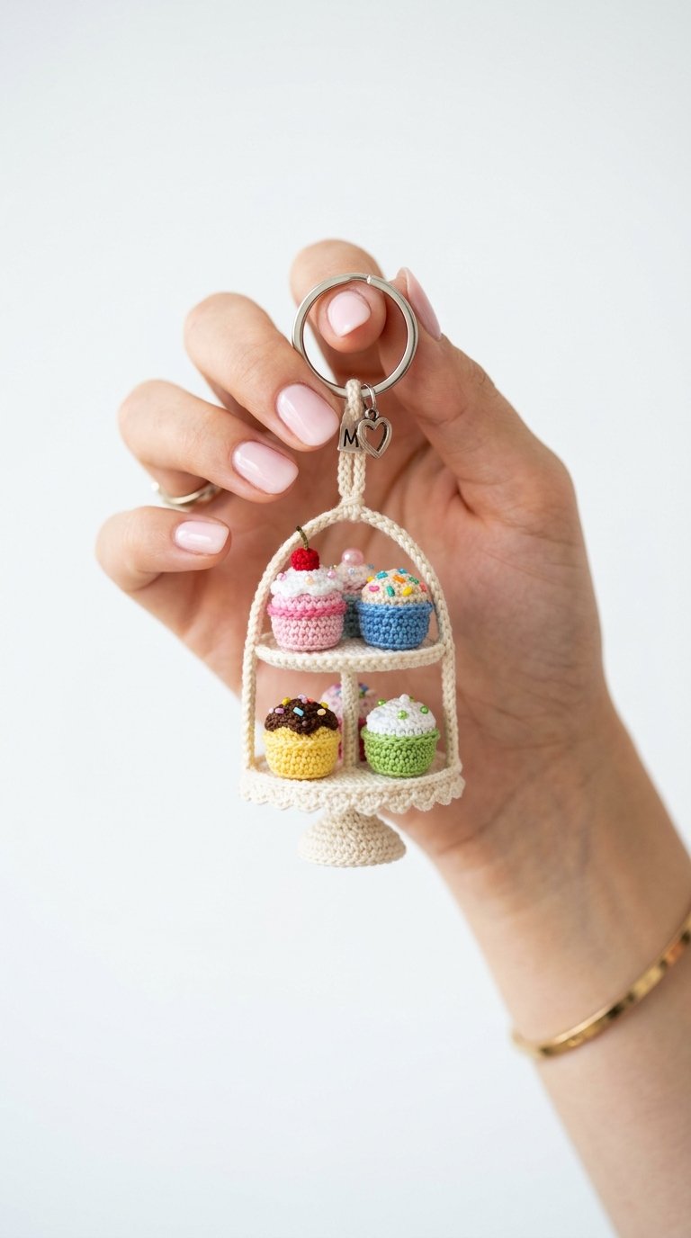 Mini Cupcake Stand Crochet Keychain - Handmade Pattern