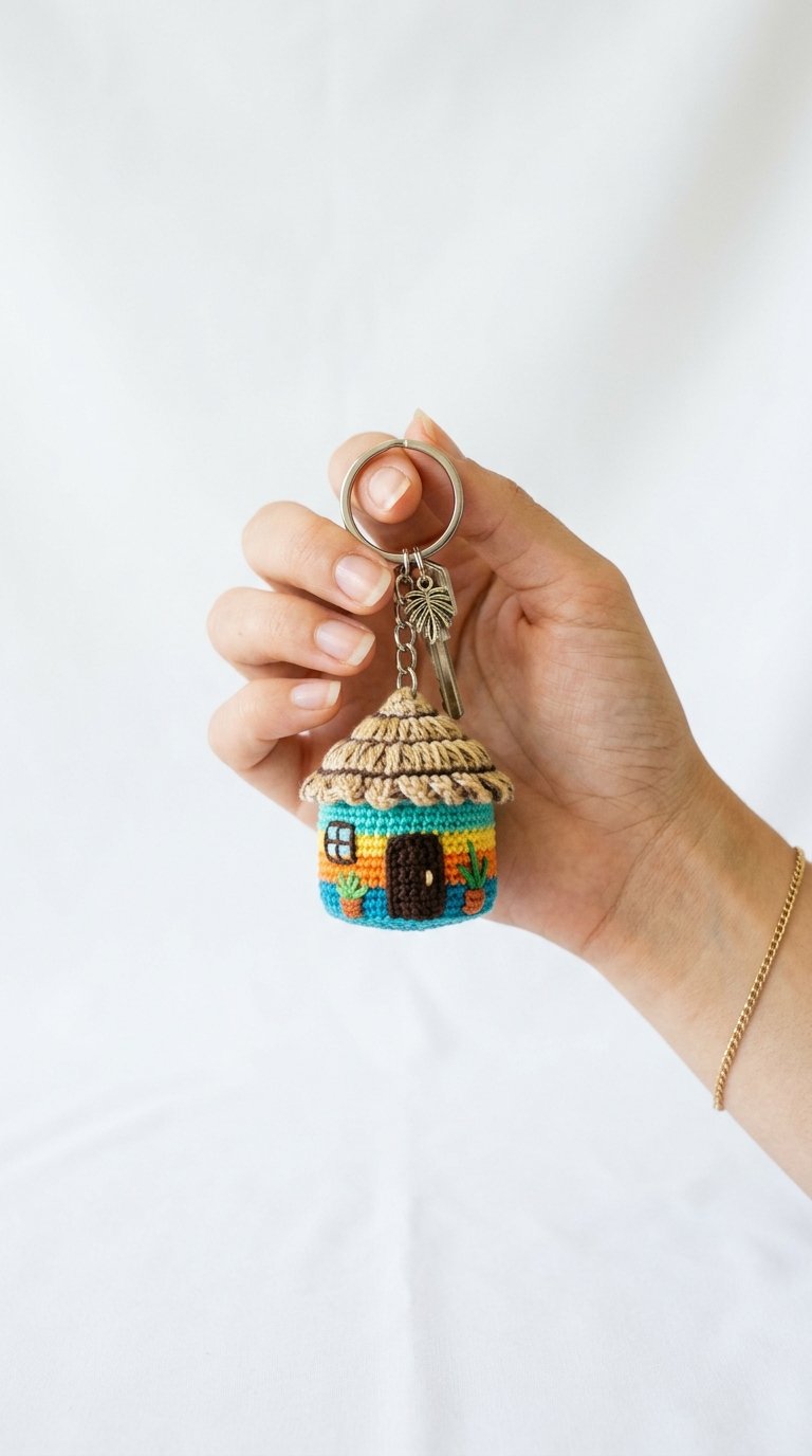 Mini Tropical Hut Crochet Keychain - Step by Step