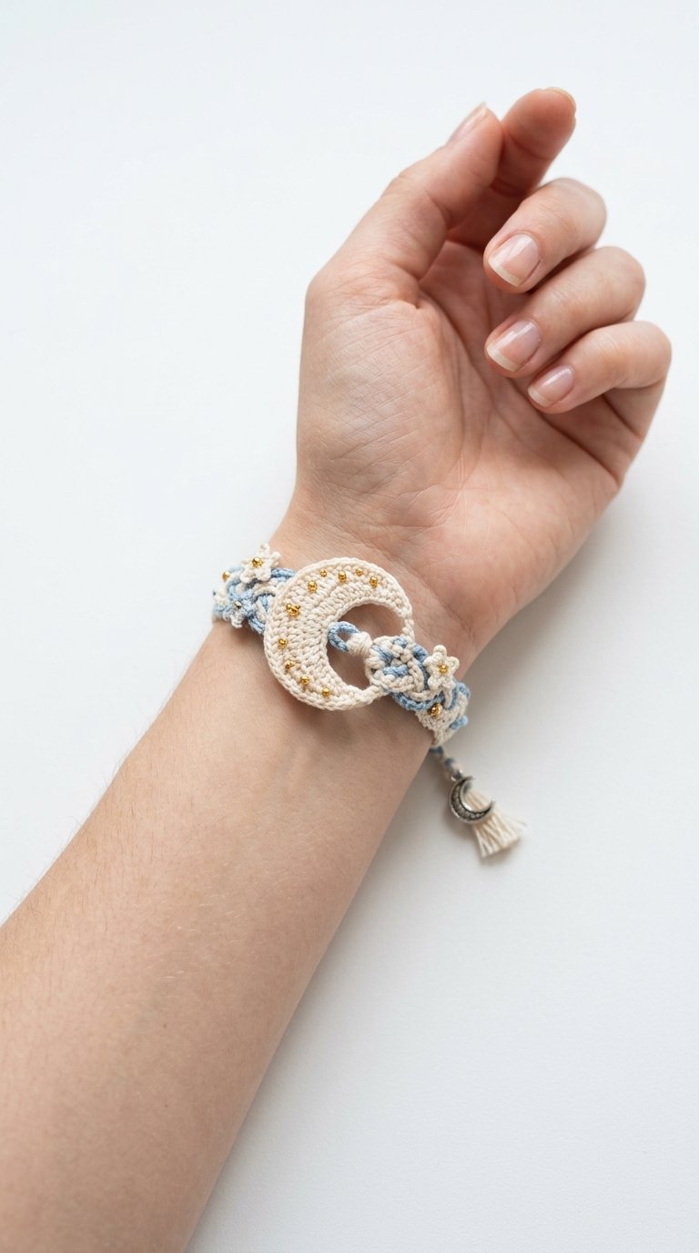 Crochet Moon Crochet Bracelet On Wrist - Pattern