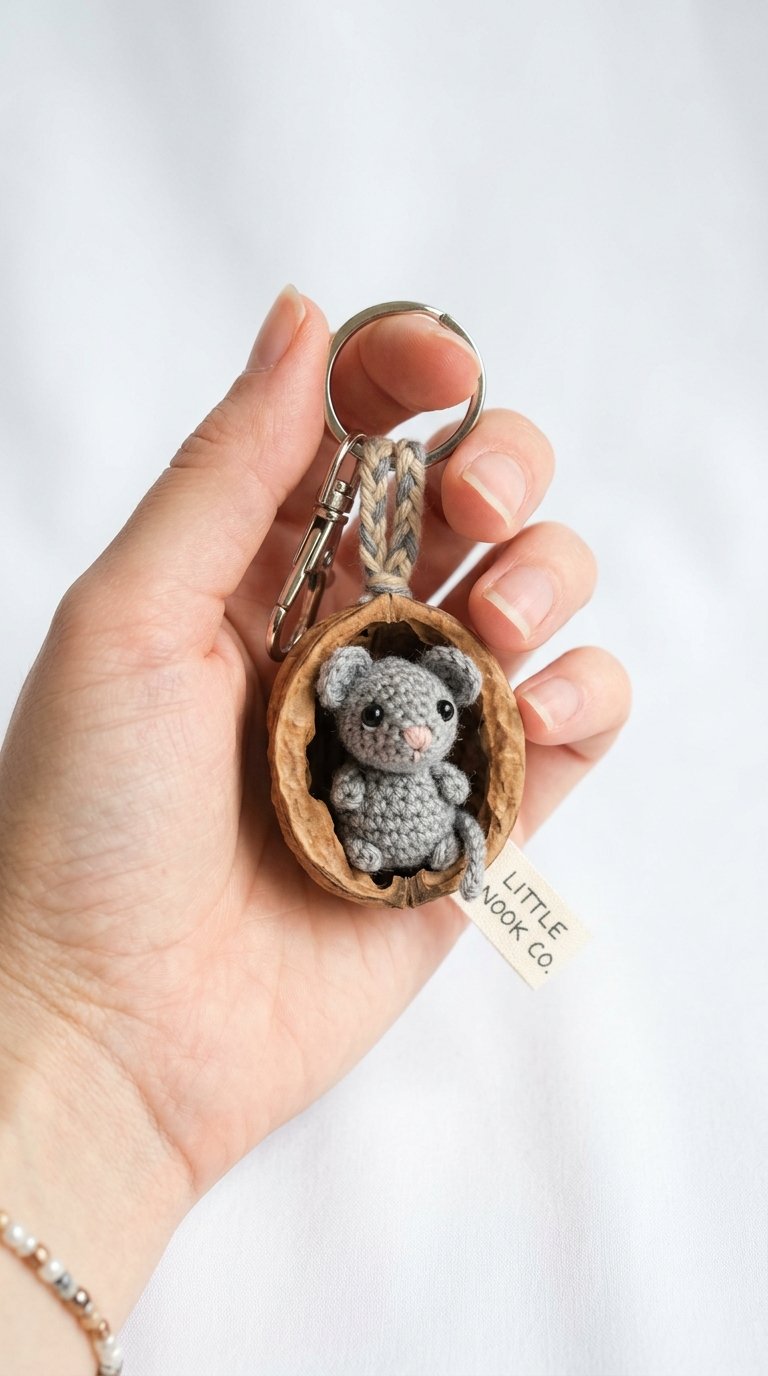Mouse Inside Walnut House Keychain - Crochet Pattern