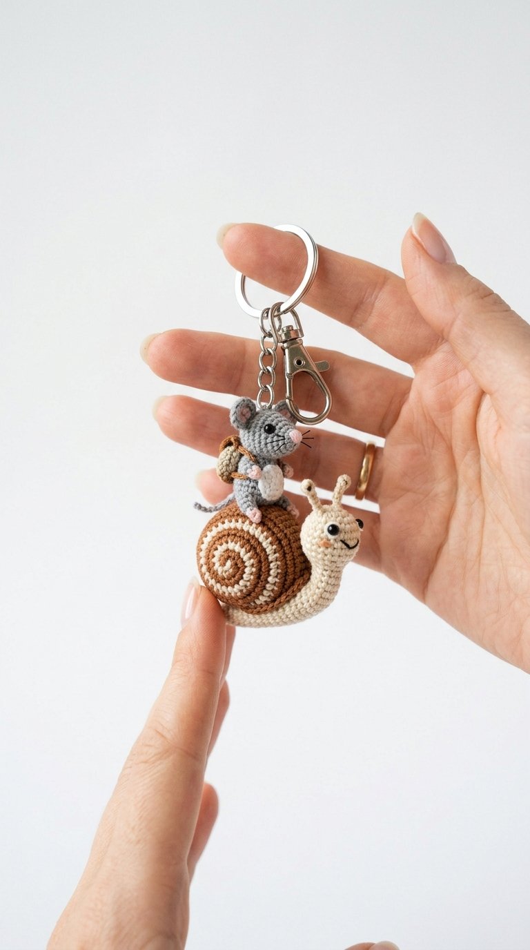 Mouse Riding Snail Keychain - Handmade Pattern