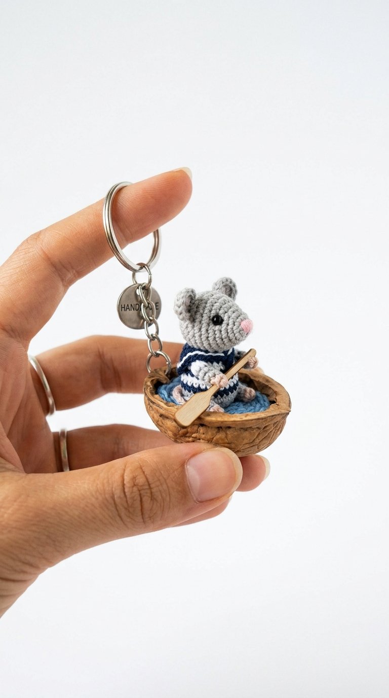Crochet Mouse Sailing Walnut Boat Keychain - Pattern