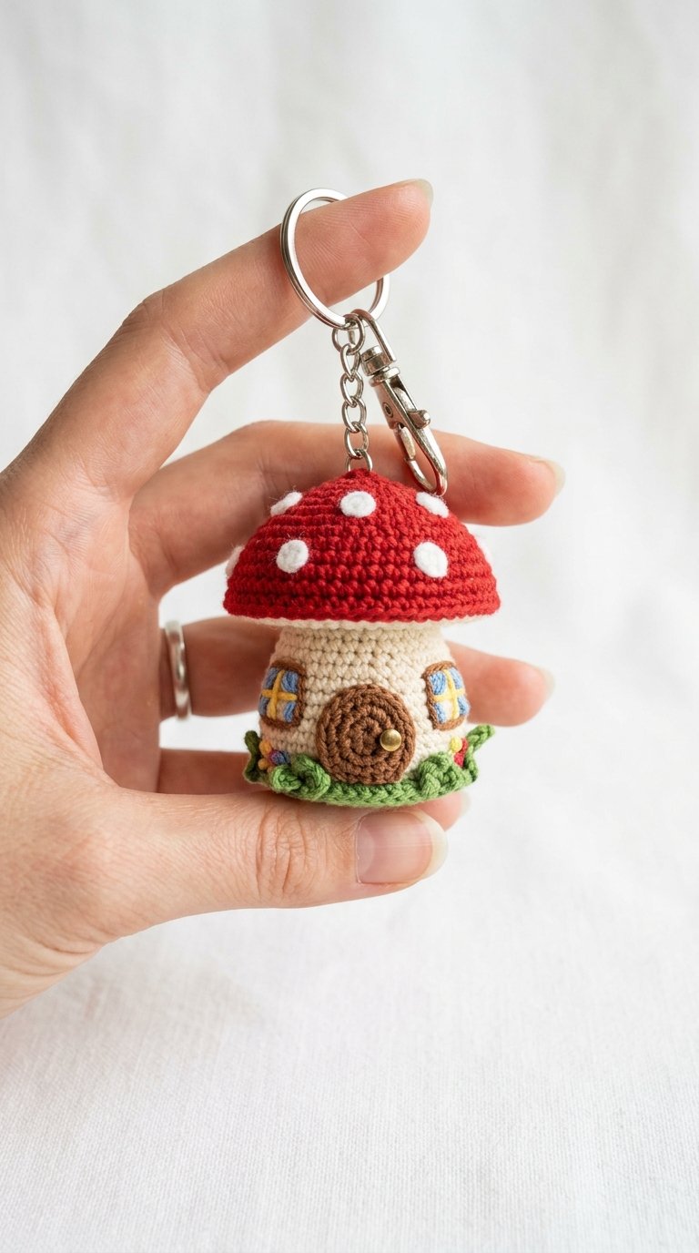 Mushroom Cottage Crochet Keychain - Crochet Pattern