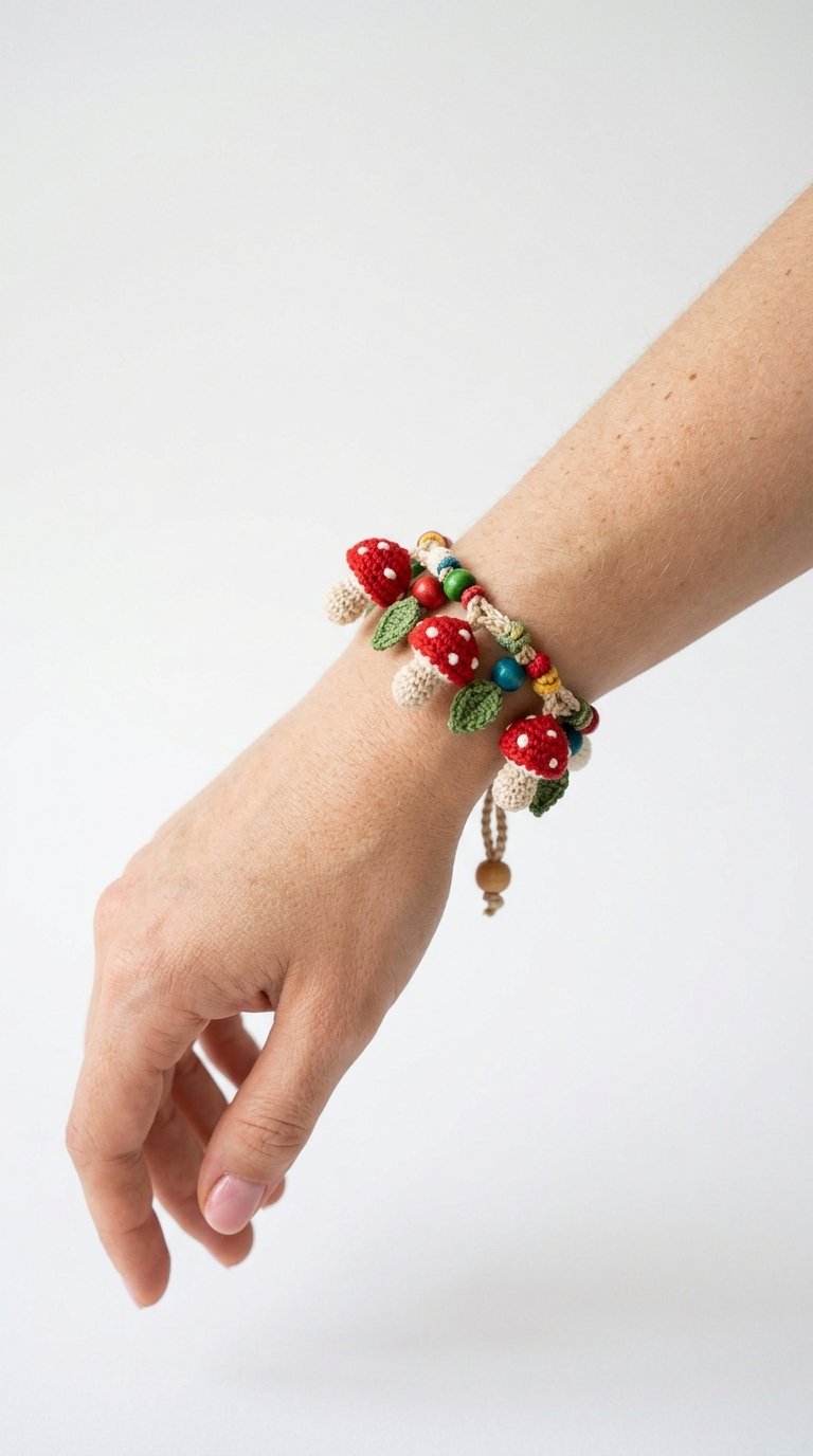 Mushroom Crochet Bracelet On Wrist - Amigurumi Pattern