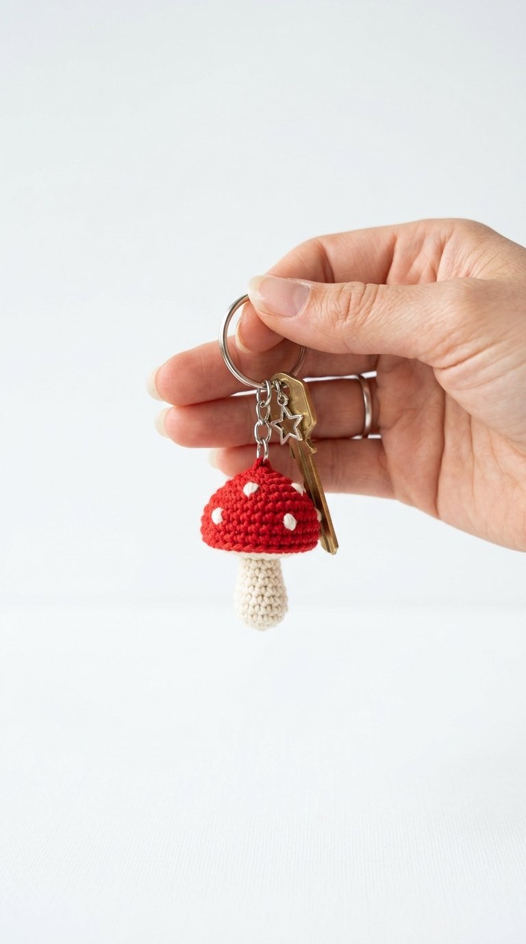 Mushroom Crochet Keychain In Hand - Step by Step