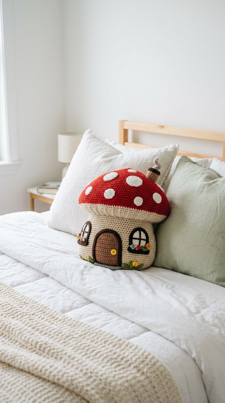 Mushroom House Crochet Pillow Bed - Handmade Pattern