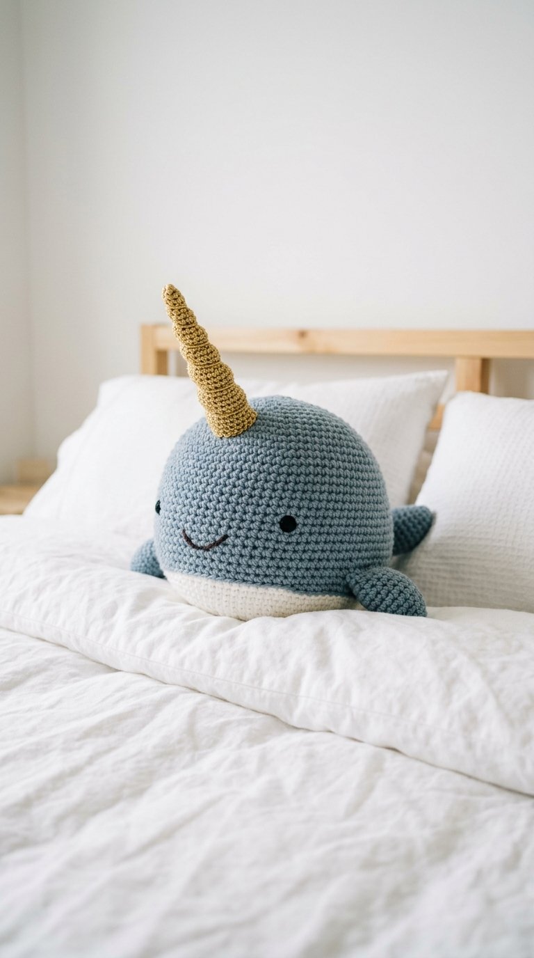 Narwhal Crochet Pillow On Bed - PDF Pattern