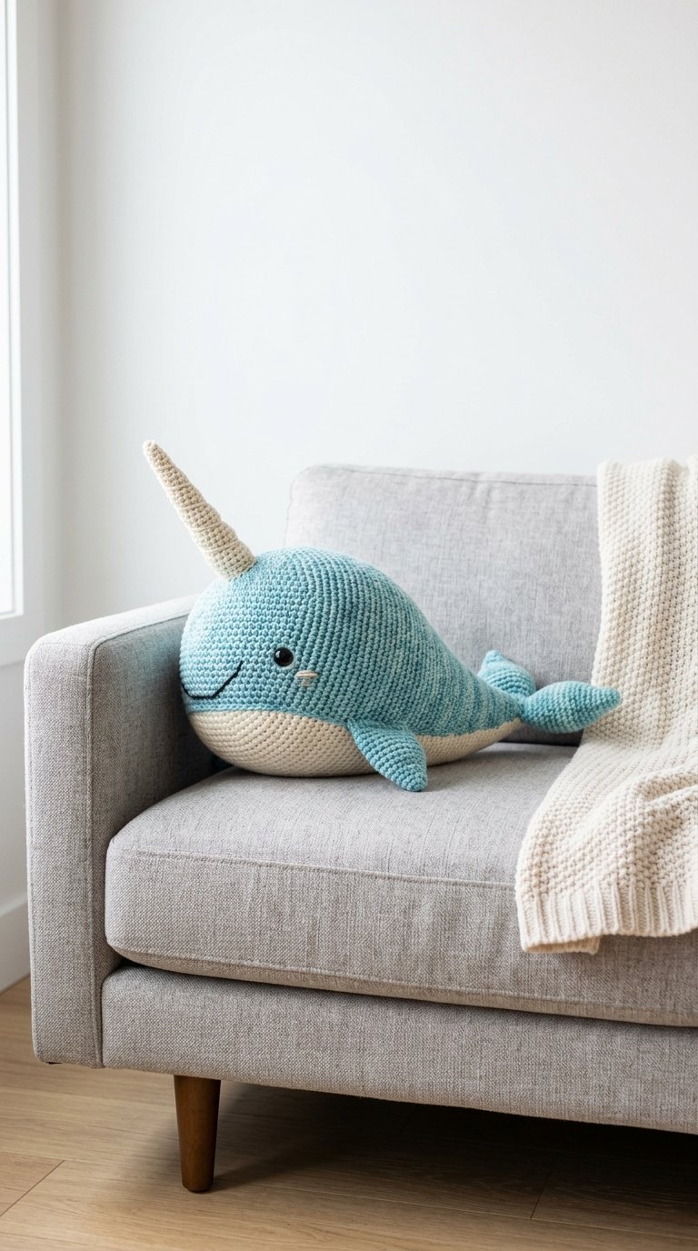 Narwhal Crochet Pillow On Sofa - Crochet Pattern