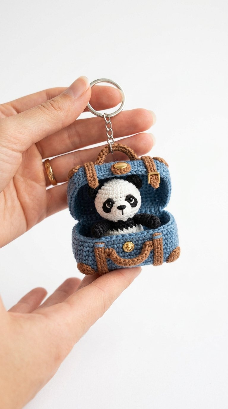 Panda Inside Suitcase Keychain - Handmade Pattern
