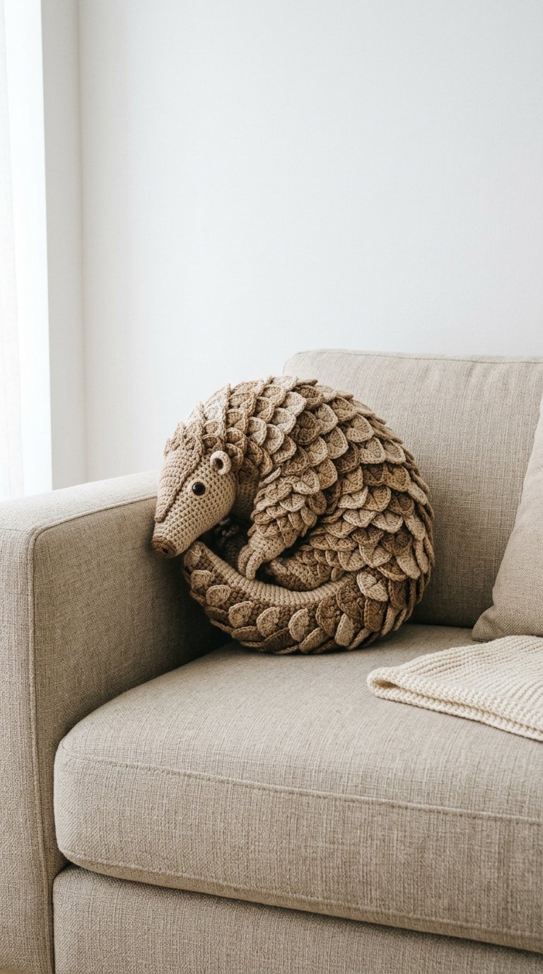 Pangolin Crochet Pillow On Sofa - Amigurumi Pattern