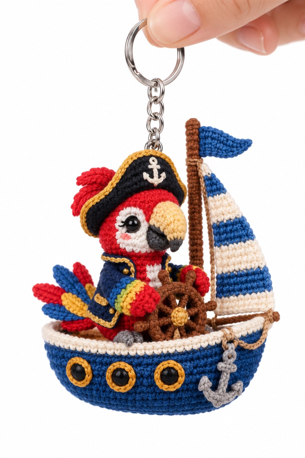 DIY Red Macaw Captain On Blue Sailboat - Crochet Tutorial
