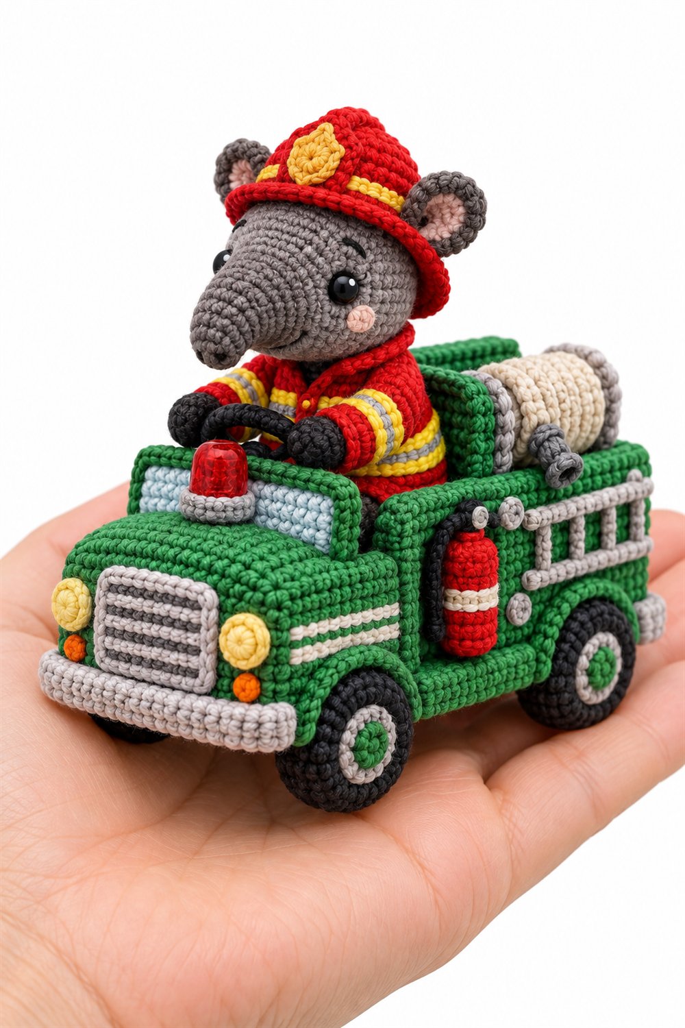Tapir Firefighter In Green Truck - Crochet Pattern