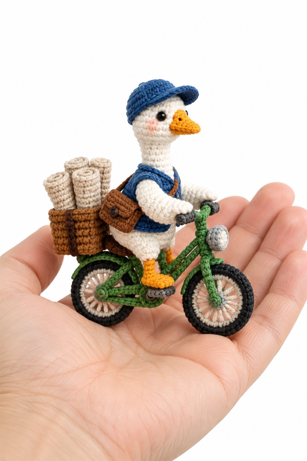 Crochet White Goose Newspaper Delivery On Green Bike - Pattern
