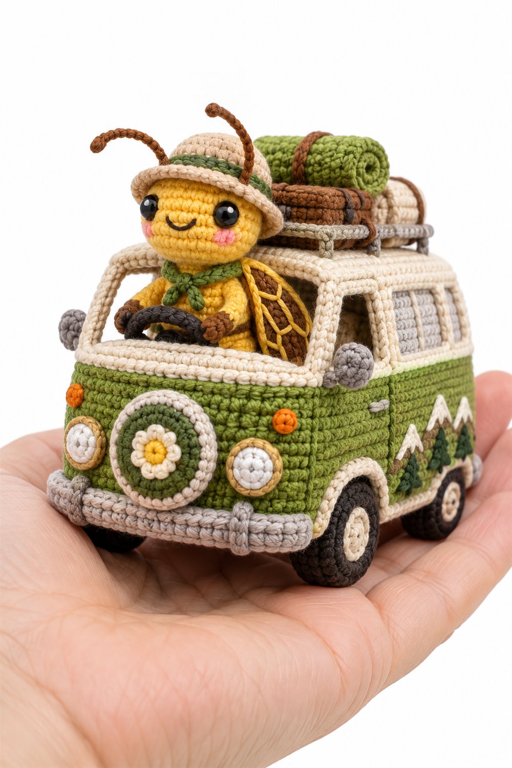 How to Crochet Yellow Cicada Traveler In Green Camper Van